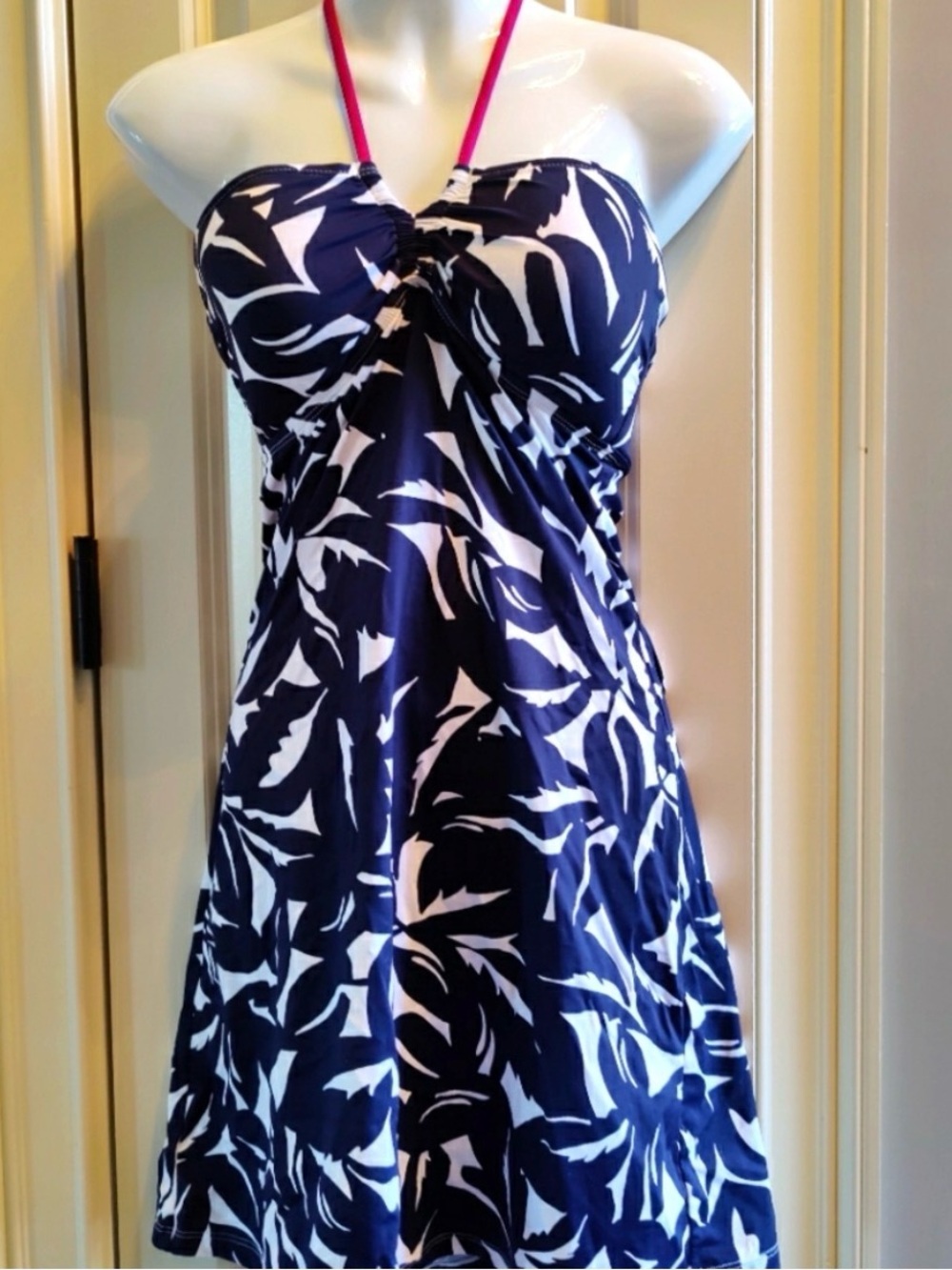 Tommy Bahama Navy and White Strapless Leaf-Print Sundress with Pink Halter XS